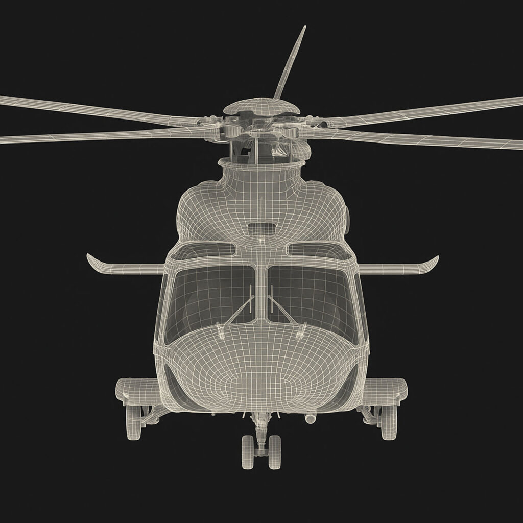 Wireframe rendering of a helicopter viewed from the front against a dark background.