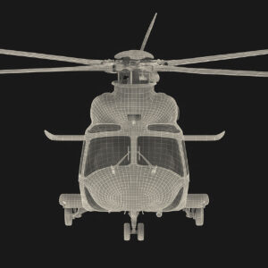 Wireframe rendering of a helicopter viewed from the front against a dark background.